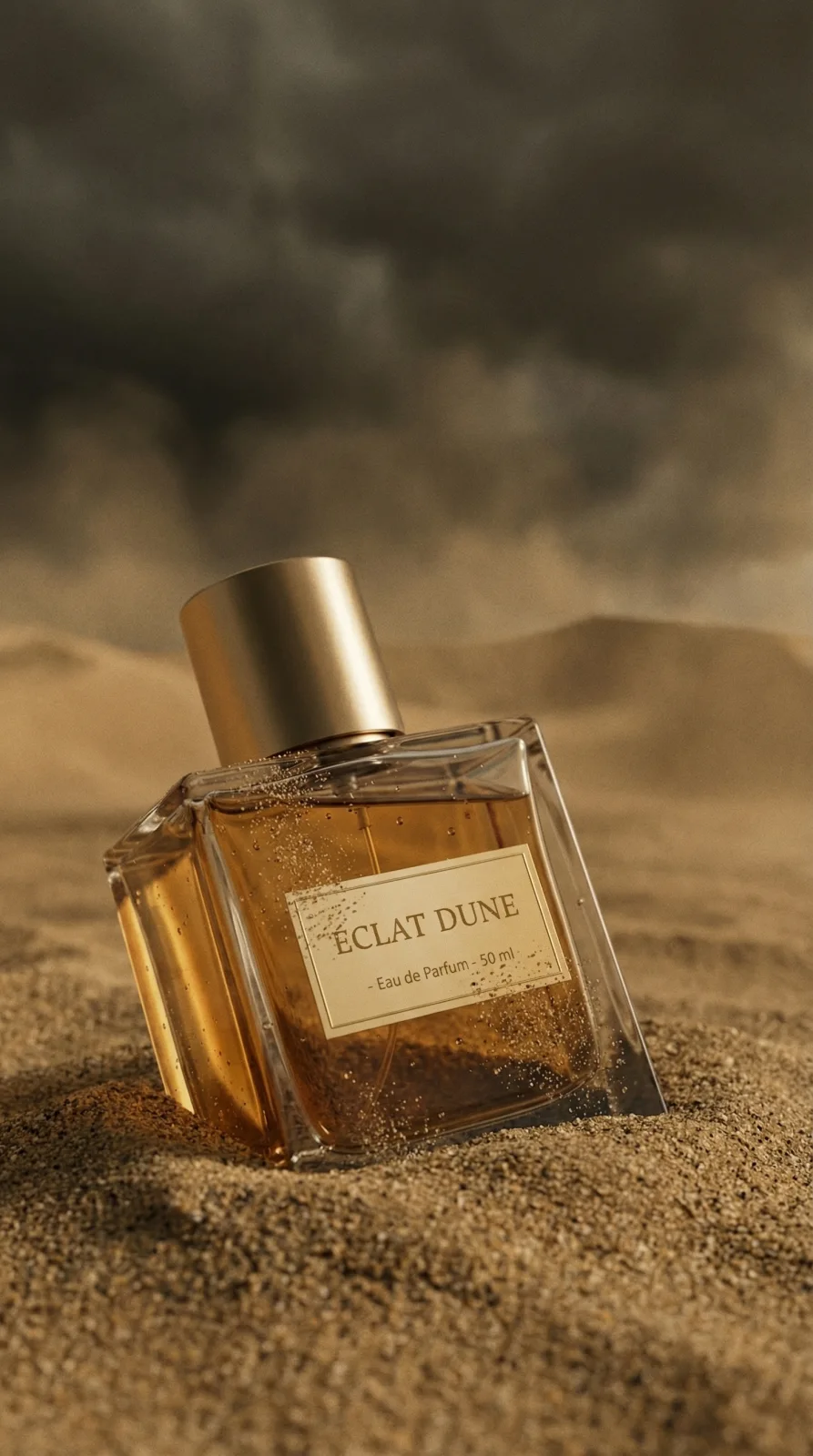 Flacon de parfum ambré dans le sable